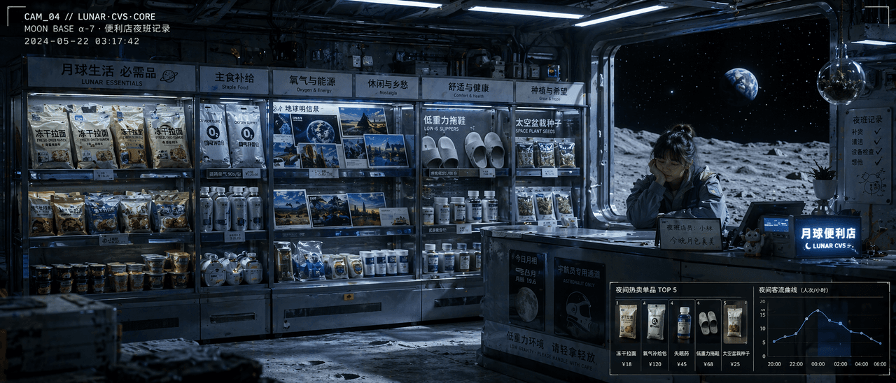 Community convenience store night shift records on the moon